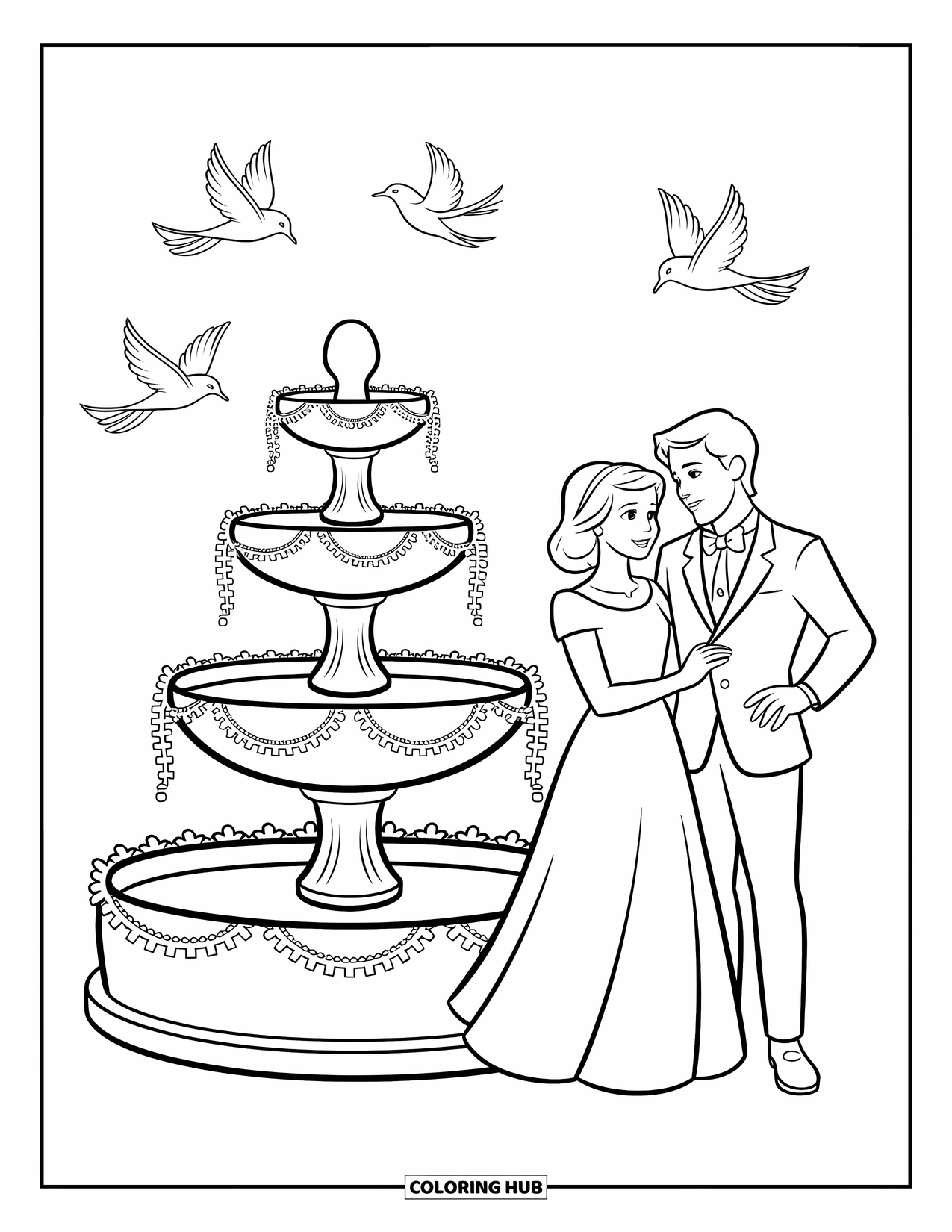 Wedding Coloring Page for Kids: Joyful couple stands near a fountain as birds flutter around playfully
