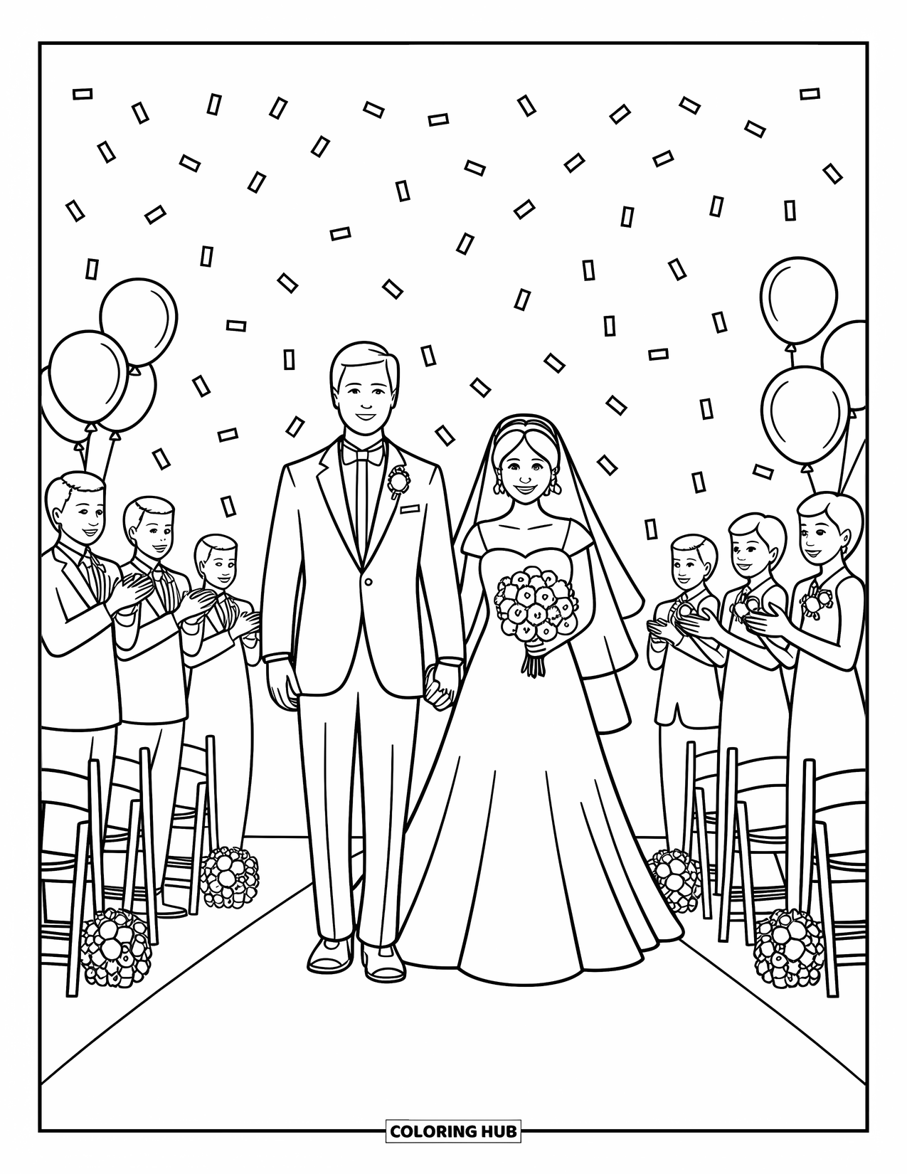 Wedding Coloring Page for Kids: Joyful wedding scene with guests, confetti, and a beaming couple