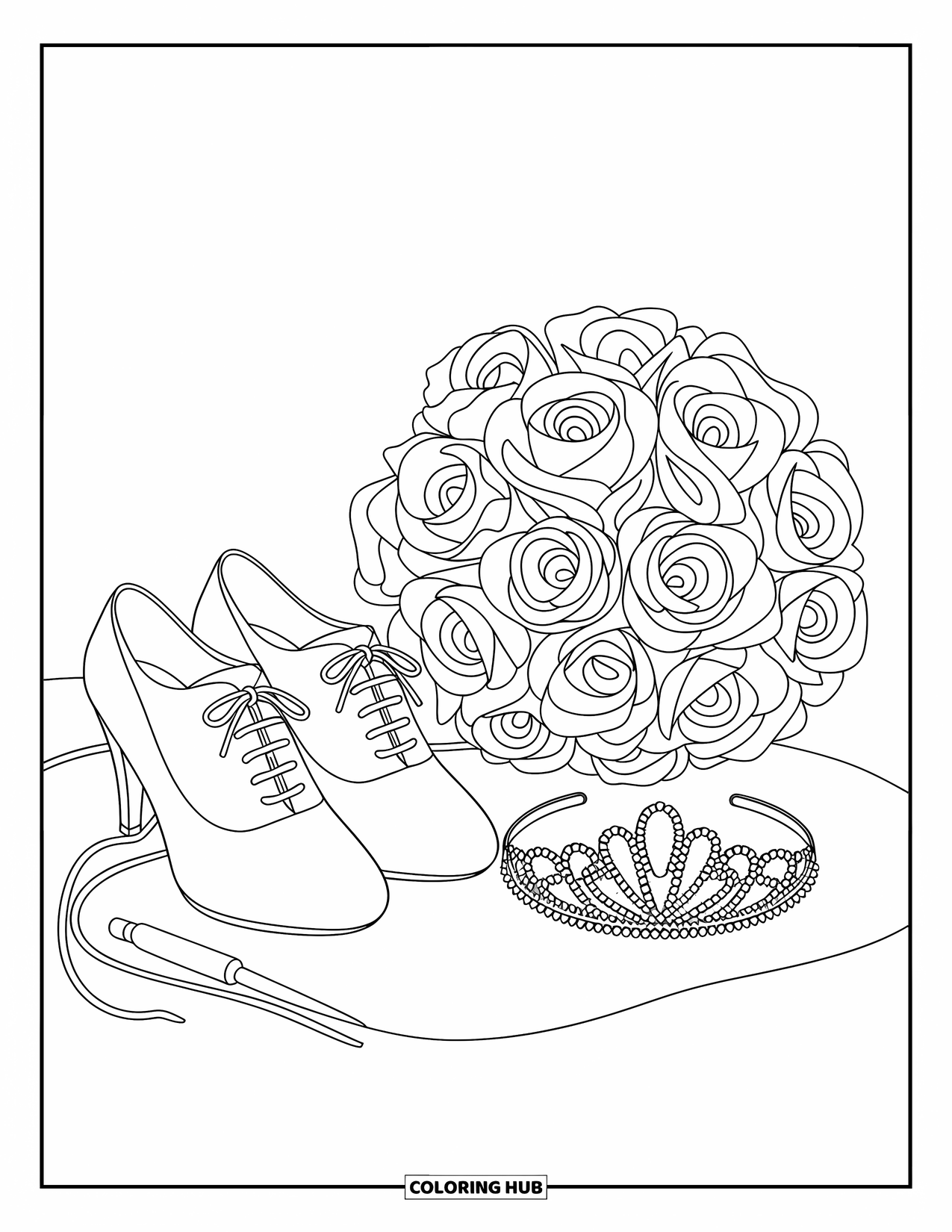 Wedding Coloring Page for Kids: Lace-up shoes, tiara, and bouquet rest together in a graceful wedding display