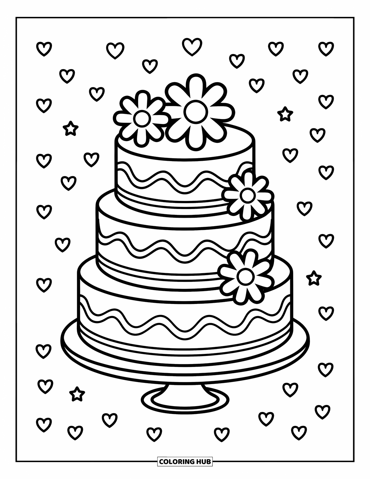 Wedding Coloring Page for Kids: Layered cake with big flowers and tiny hearts dancing around it