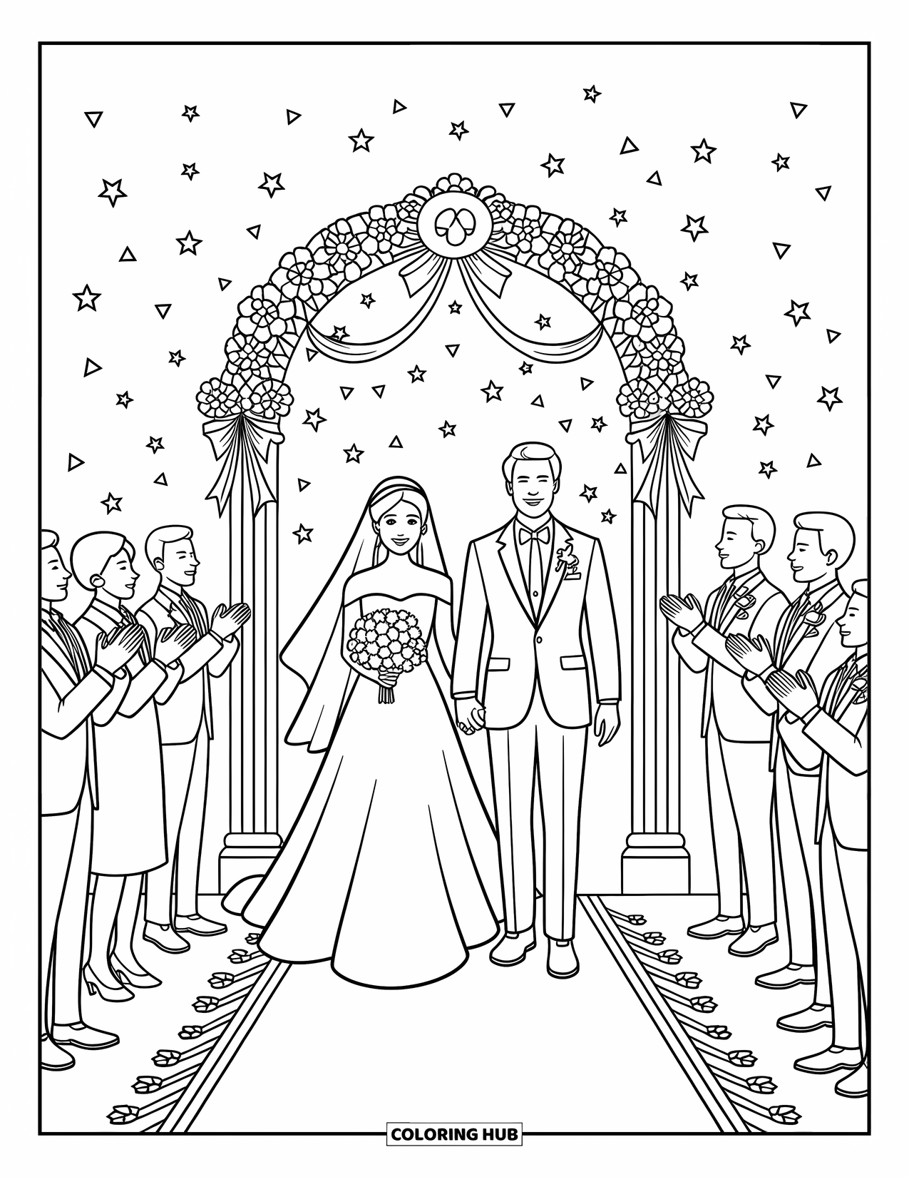 Wedding Coloring Page for Kids: Newlyweds stand under an arch as confetti falls and guests cheer