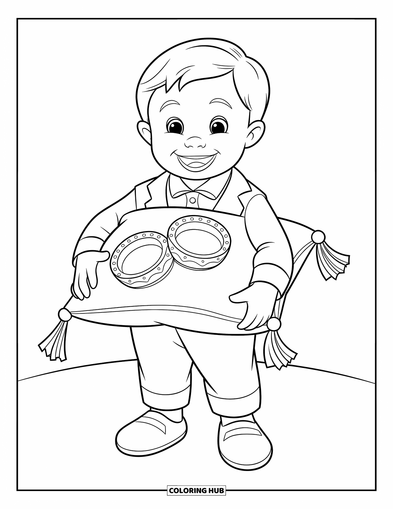Wedding Coloring Page for Kids: Ring bearer stands proudly with two shiny rings