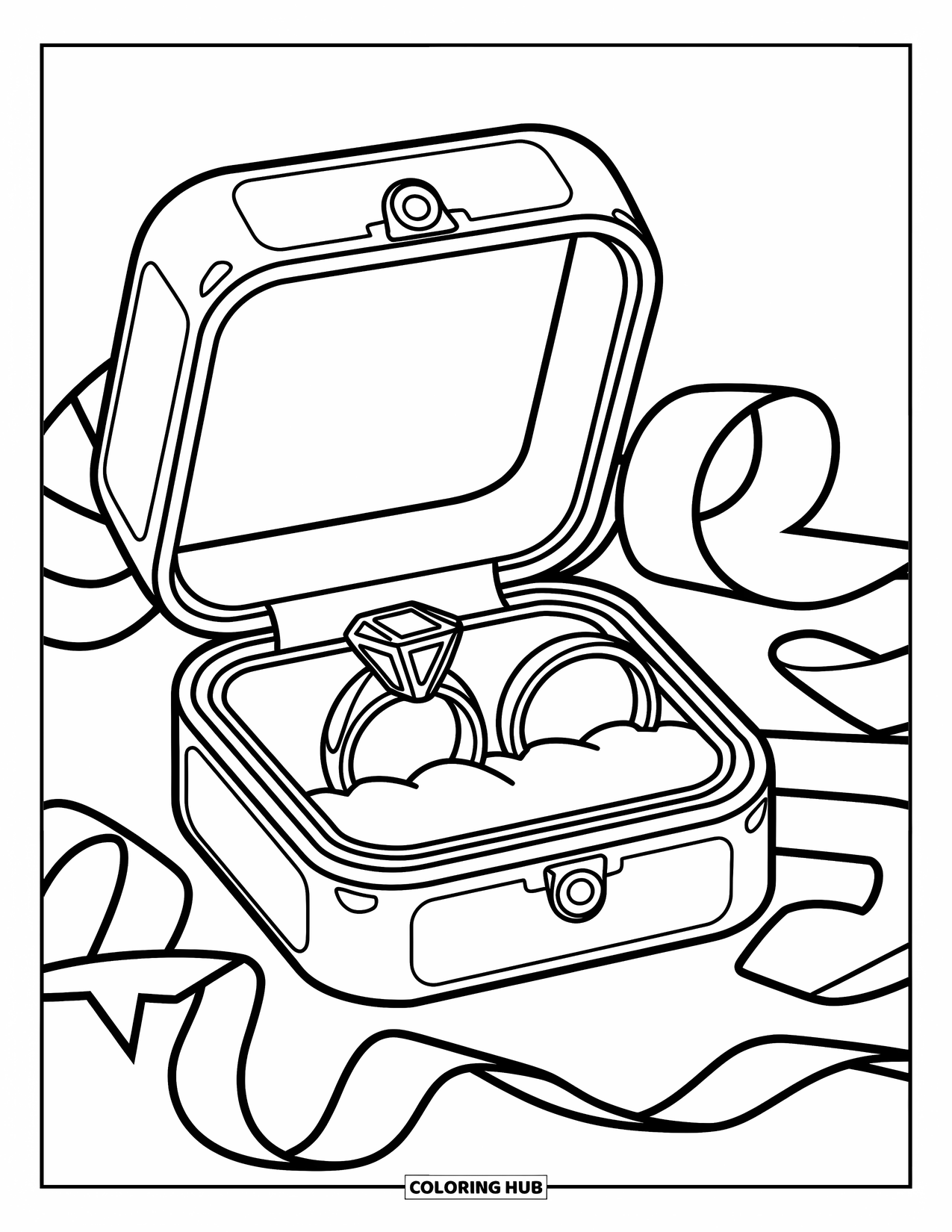 Wedding Coloring Page for Kids: Rings in a jewelry box with ribbons and bold, modern lines