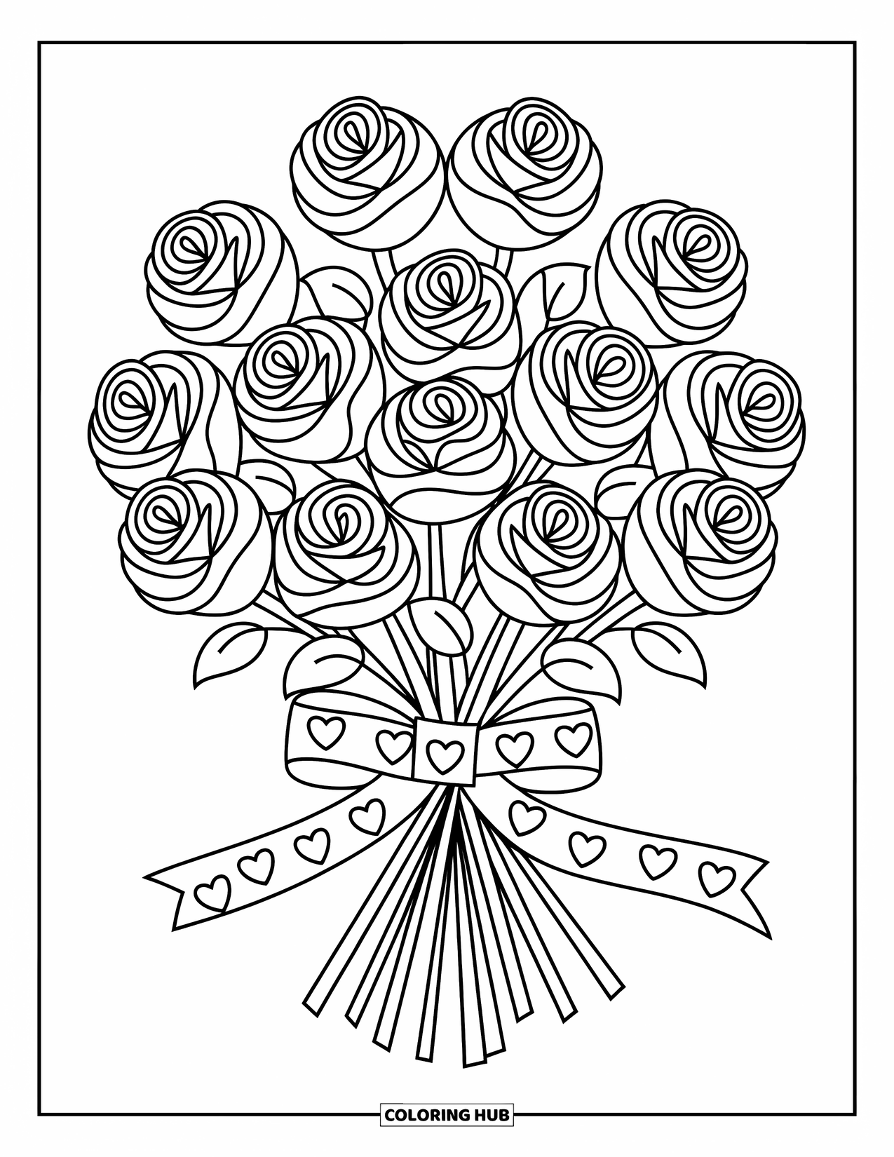 Wedding Coloring Page for Kids: Roses and heart-patterned ribbons arranged in a joyful bouquet