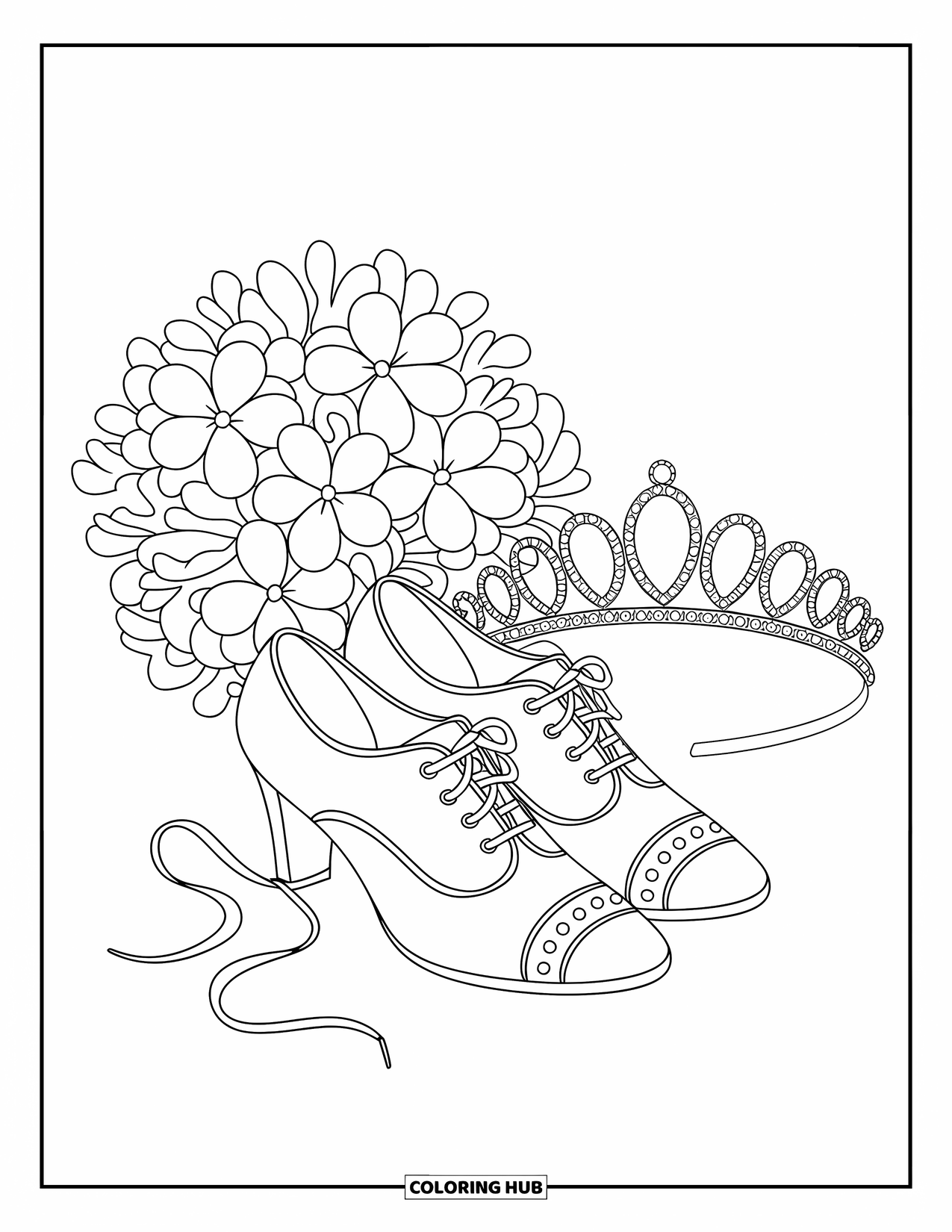 Wedding Coloring Page for Kids: Shoes, bouquet, and a sparkling tiara create a charming wedding scene