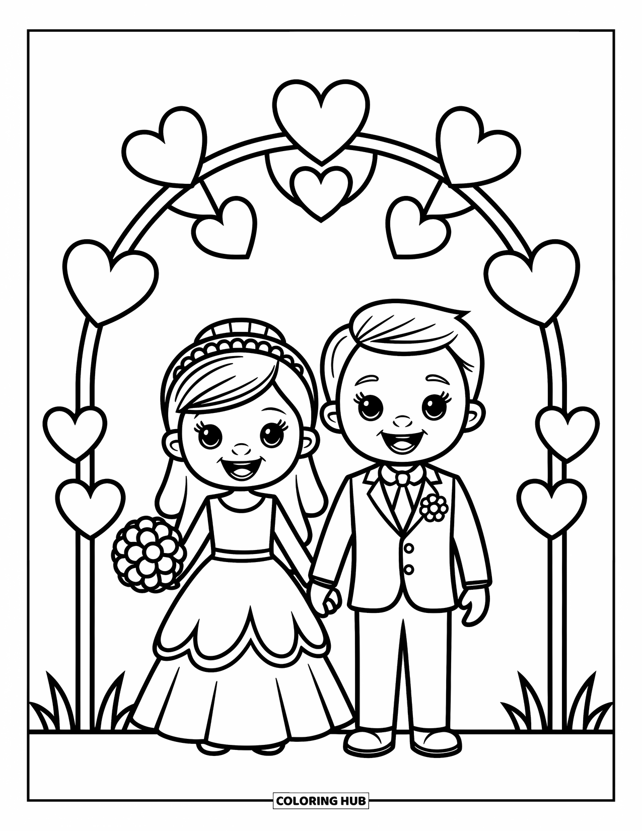 Wedding Coloring Page for Kids: Smiling couple celebrates love beneath a whimsical arch with floating hearts