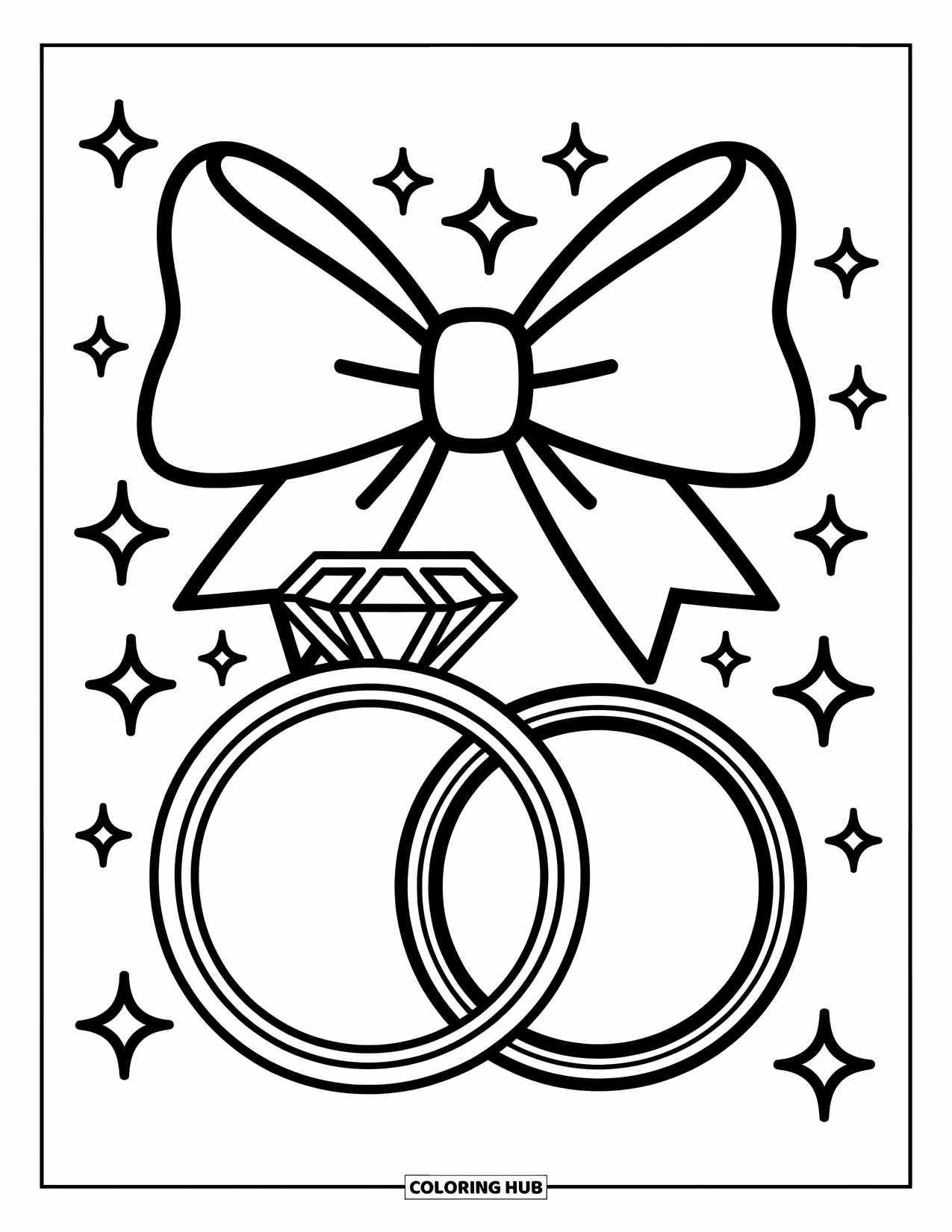 Wedding Coloring Page for Kids: Sparkly rings with a large bow sitting in a playful scene