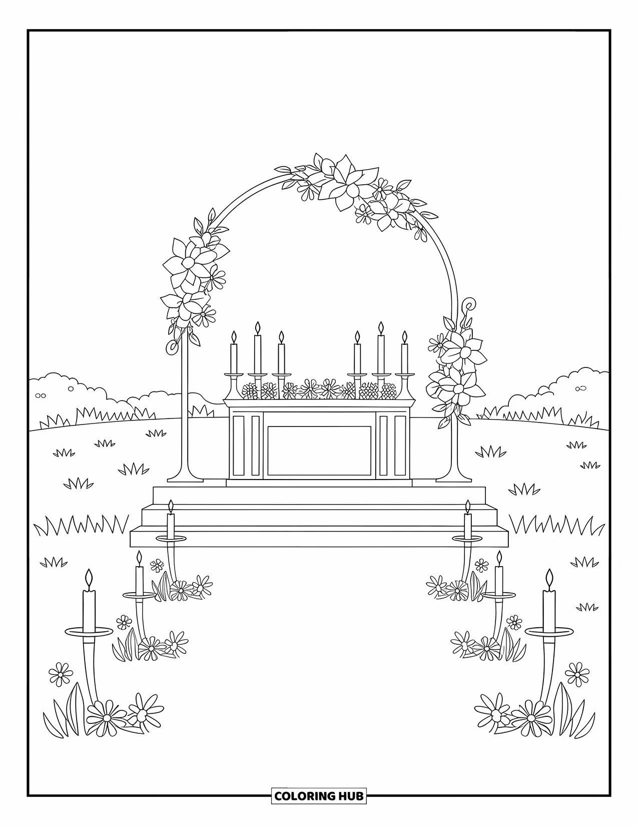Wedding Coloring Page for Kids: Sunlit altar with floral garlands and glowing candles in a peaceful meadow