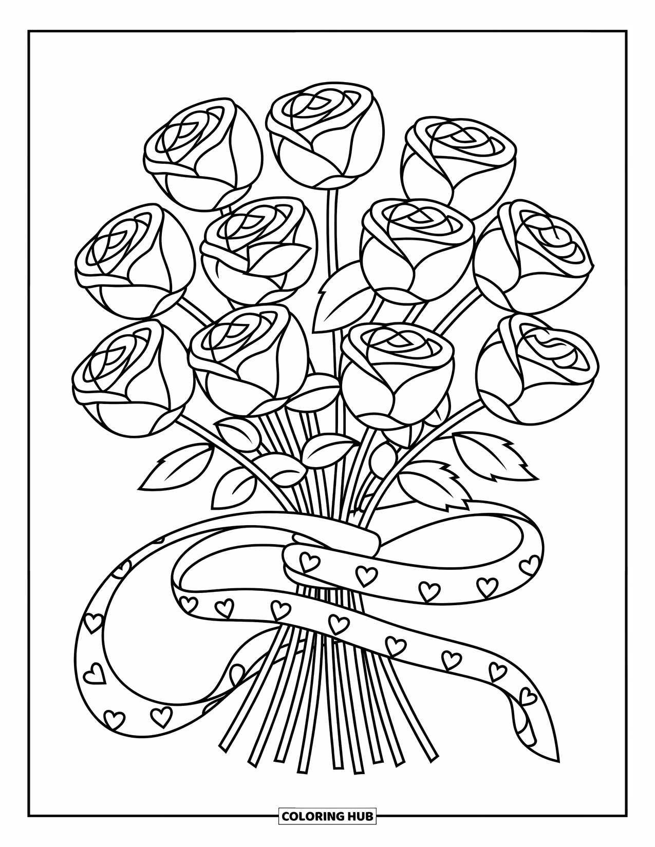 Wedding Coloring Page for Kids: Sweet bouquet of roses wrapped in a ribbon full of hearts