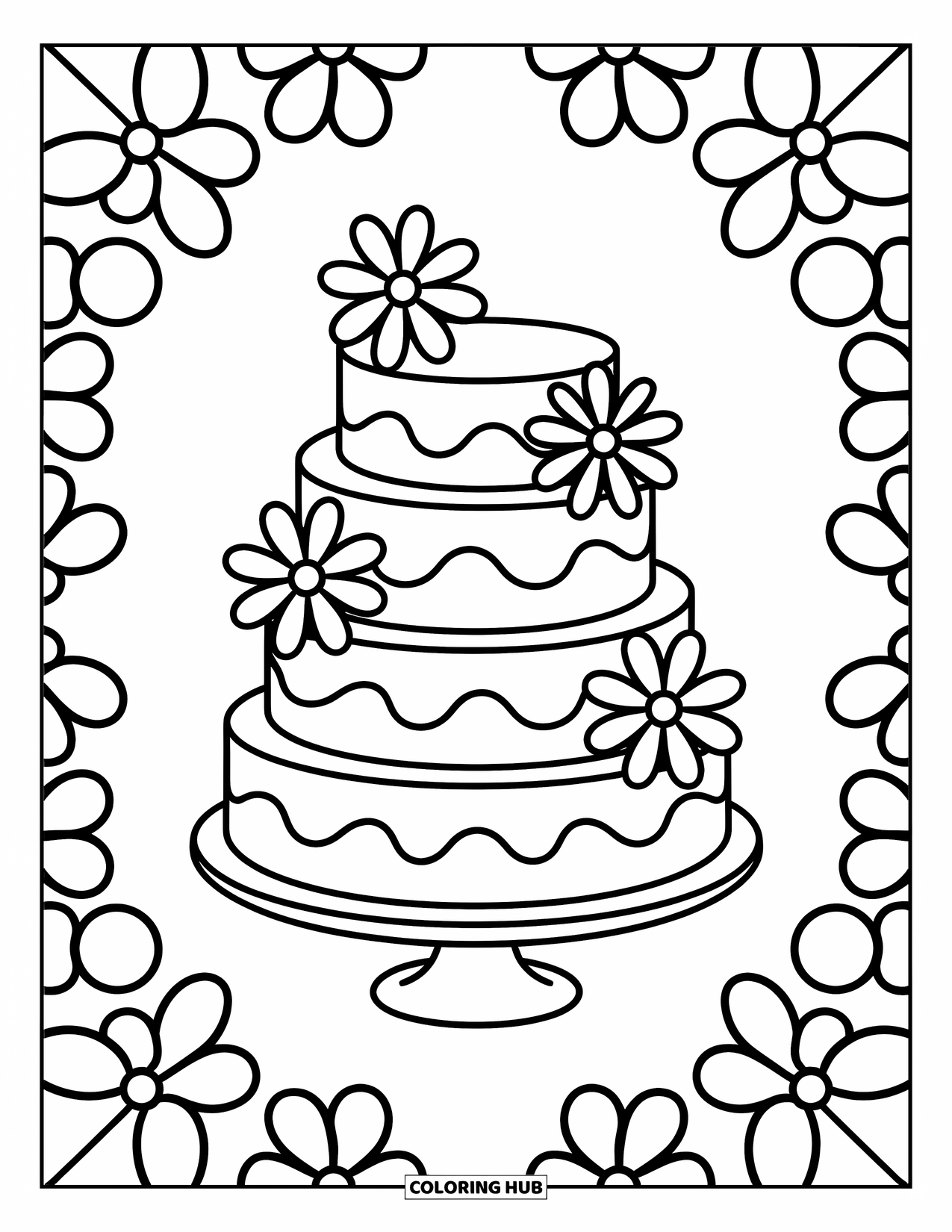 Wedding Coloring Page for Kids: Three-layer cake decorated with big flowers and a playful vibe
