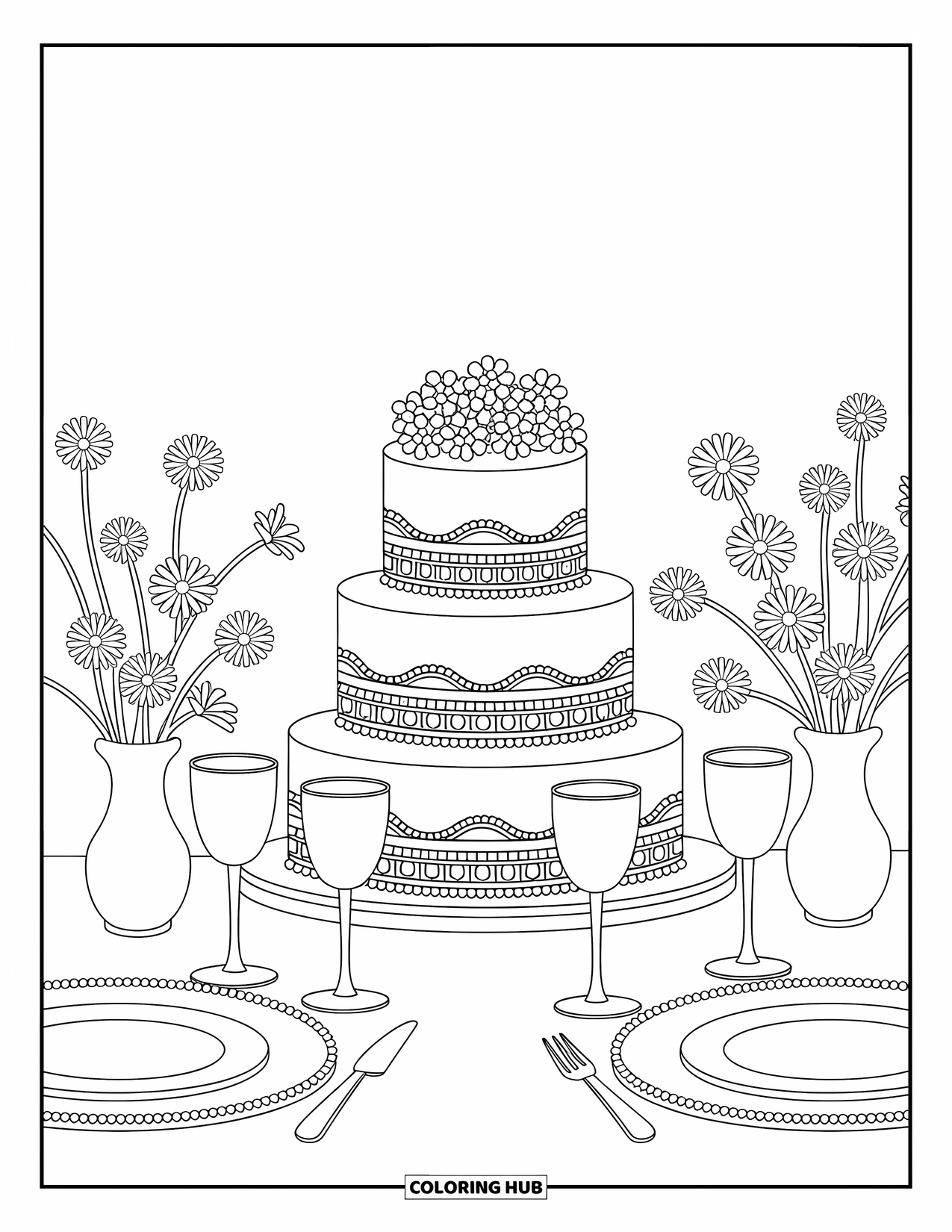 Wedding Coloring Page for Kids: Tiered wedding cake with flowers, glasses, and vases on a decorated table