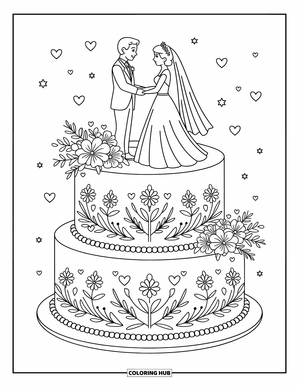 Wedding Coloring Page for Kids: Two-tier wedding cake with floral patterns and a couple topper holding hands