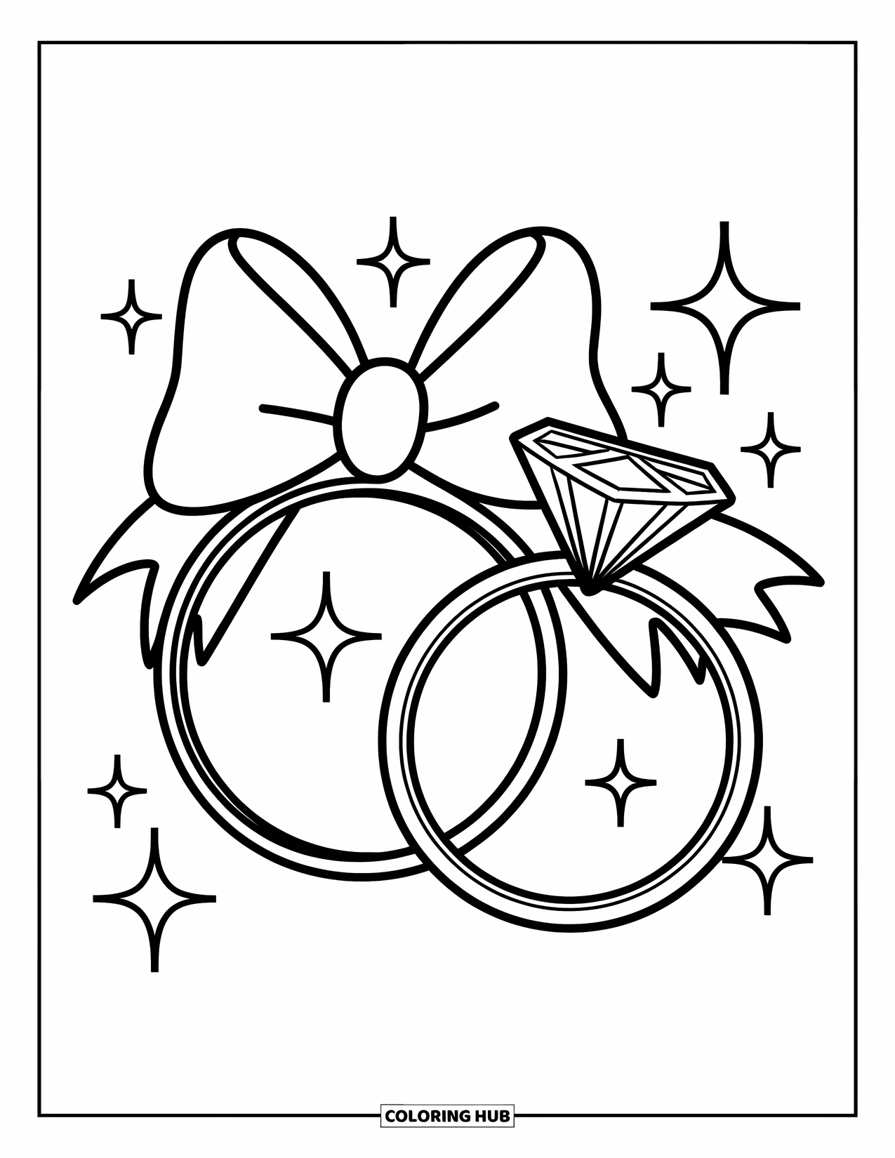 Wedding Coloring Page for Kids: Two wedding rings with a big bow, surrounded by sparkles