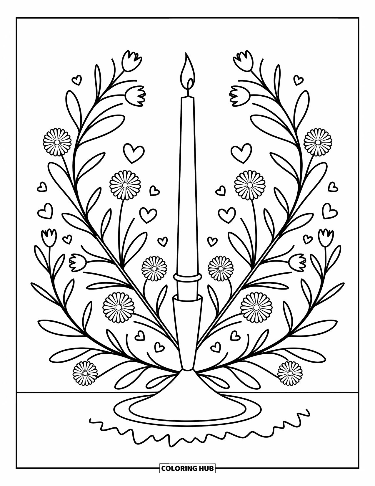 Wedding Coloring Page for Kids: Unity candle surrounded by flowers and hearts in a charming ceremony setup