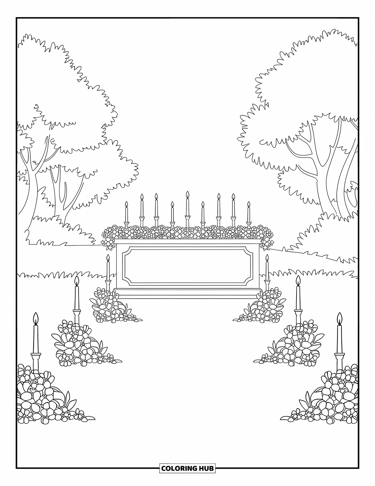Wedding Coloring Page for Kids: Wedding altar with flowers and candles stands in a sunlit meadow