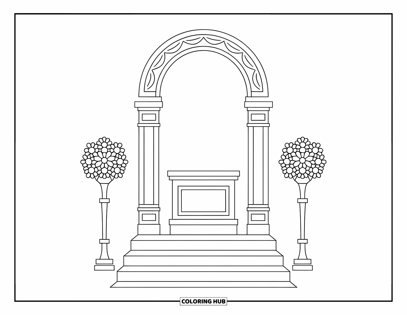 Wedding Coloring Page for Kids: Wedding altar with tall flower stands and a grand arched canopy