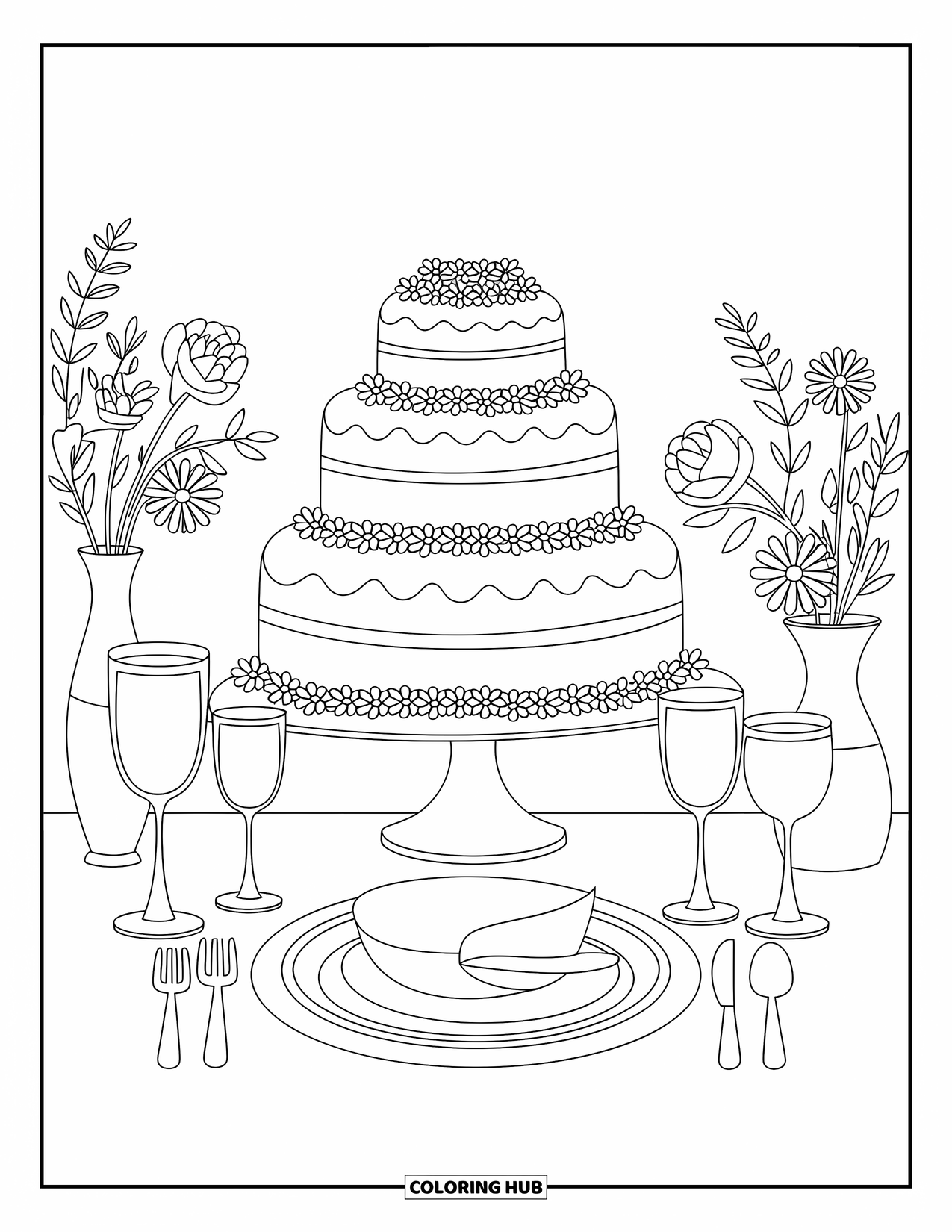 Wedding Coloring Page for Kids: Wedding cake and flowers on a table set for a charming celebration