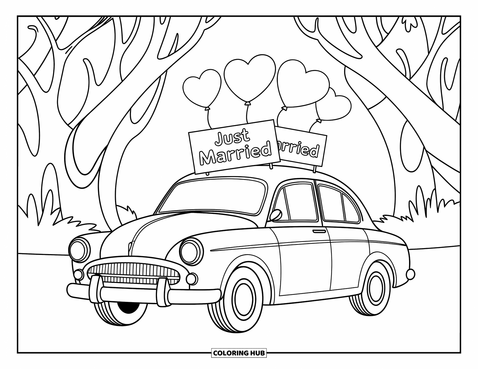 Wedding Coloring Page for Kids: Wedding car with heart balloons parked near a magical forest