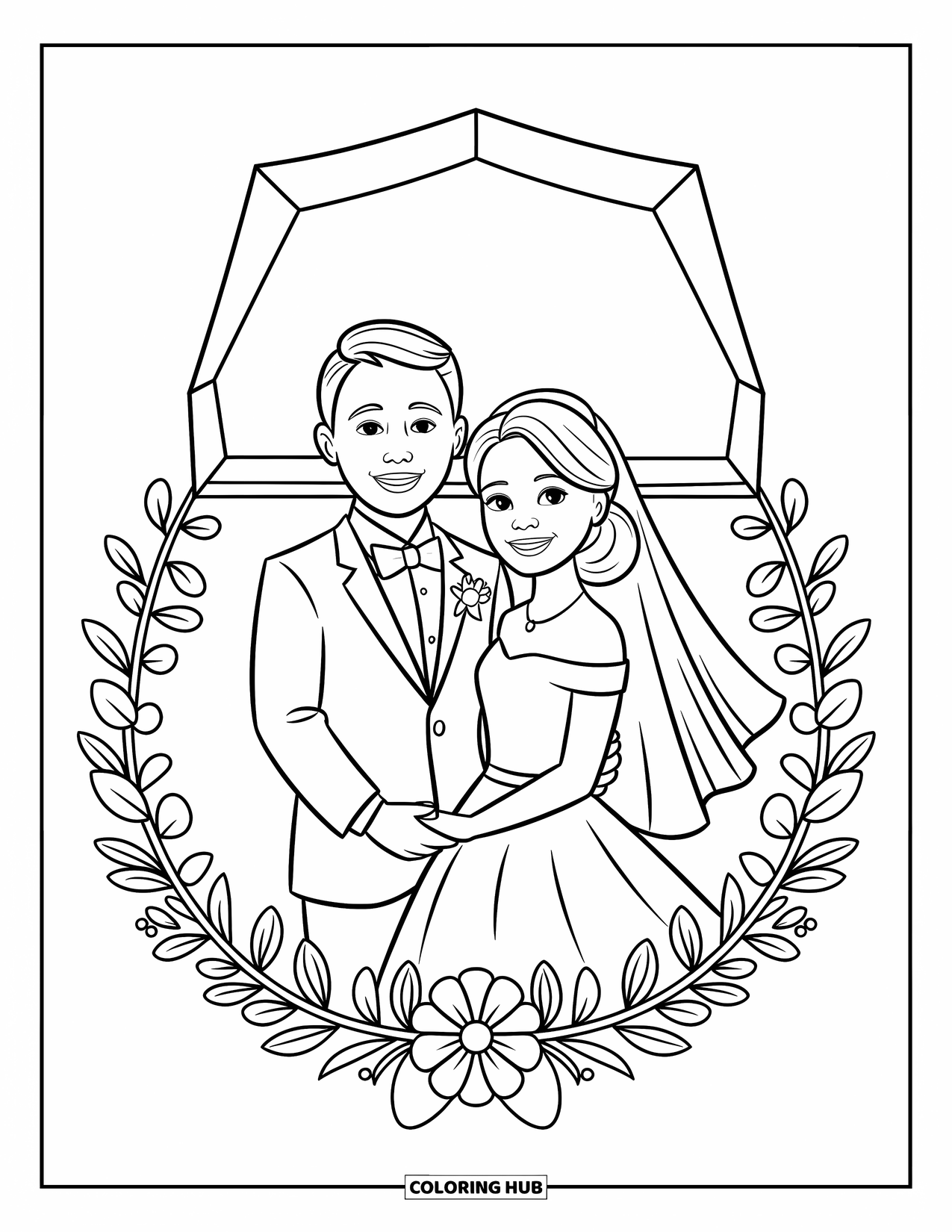 Wedding Coloring Page for Kids: Wedding invite shows smiling bride and groom framed with flowers and hearts