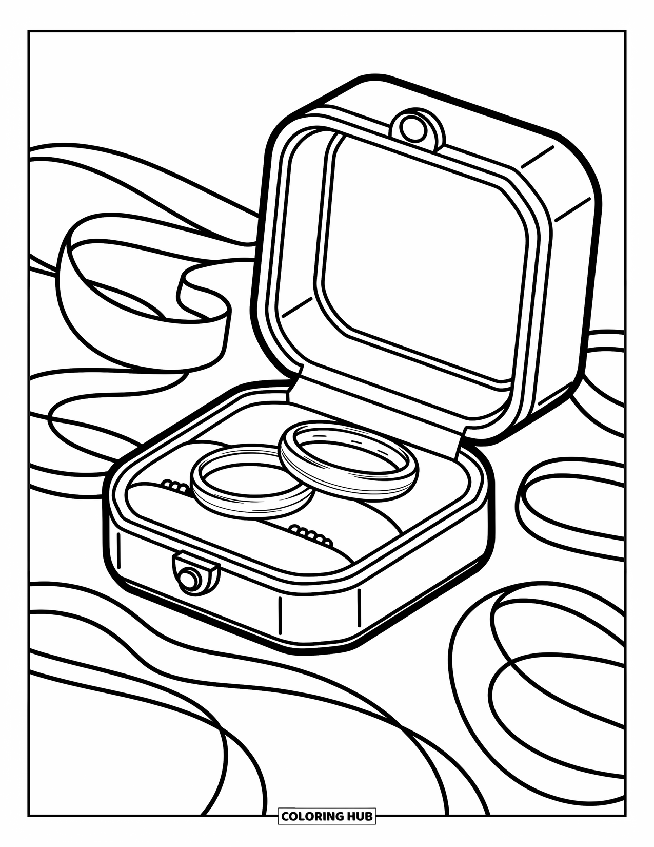 Wedding Coloring Page for Kids: Wedding rings rest in a ribbon-tied jewelry box with crisp, elegant detail