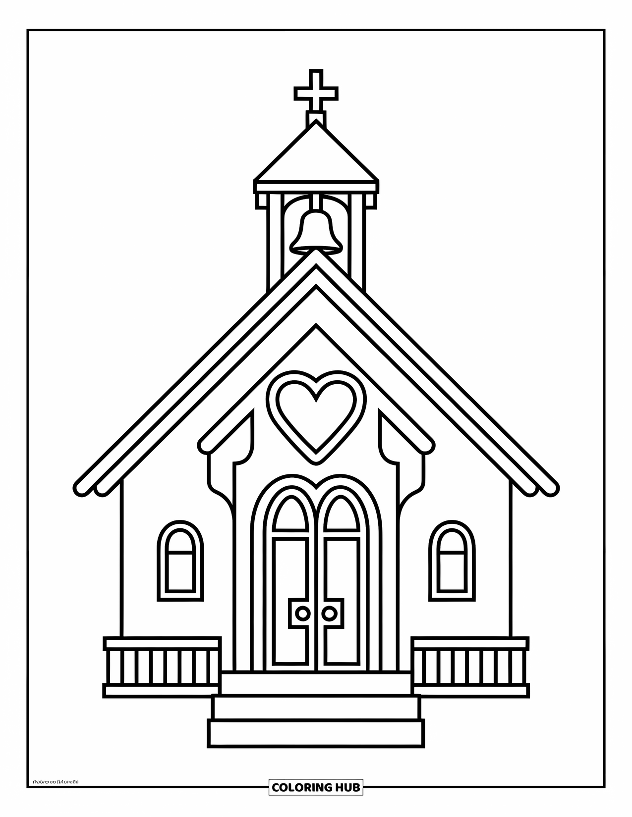 Wedding Coloring Page for Kids: Whimsical chapel stands tall with a heart above the entrance