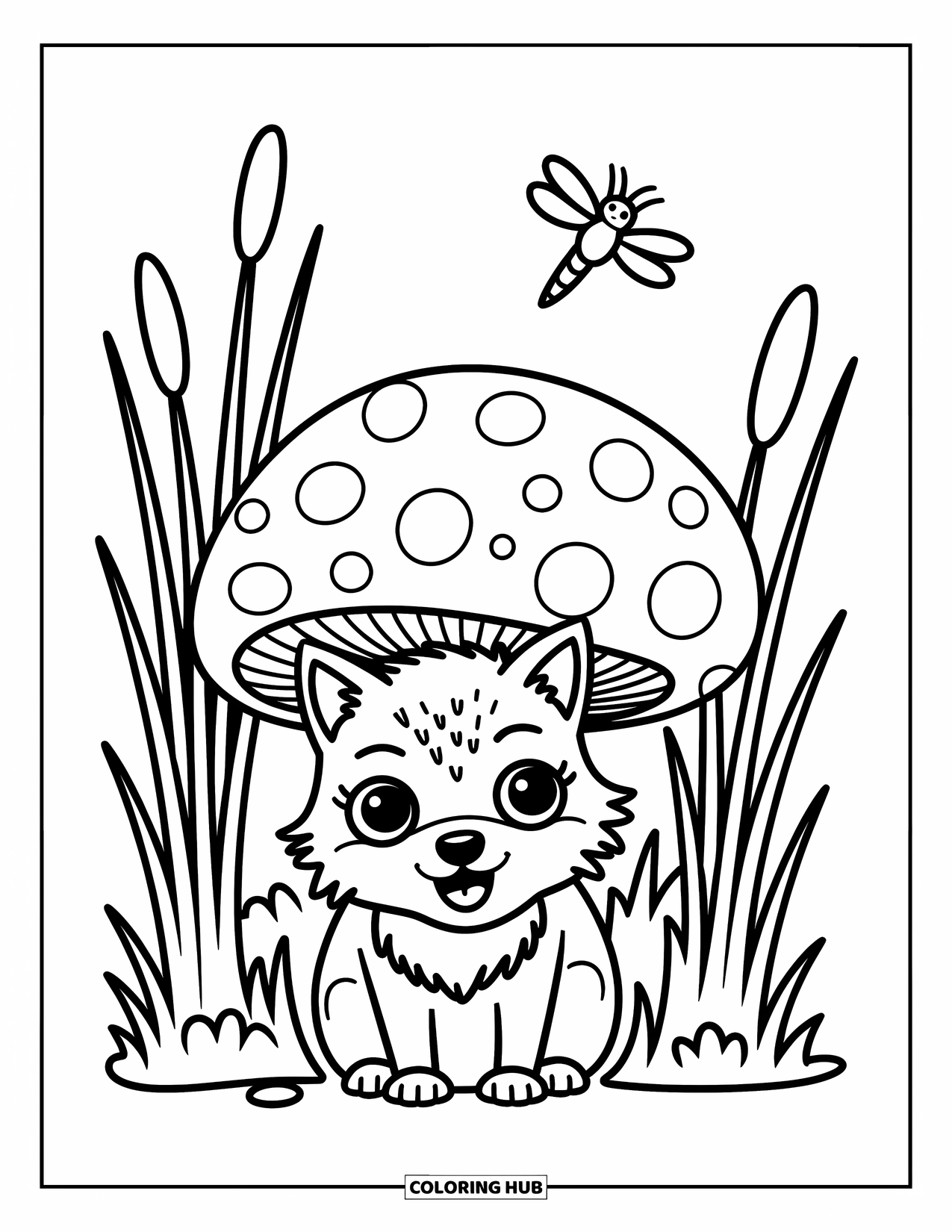 Werewolf Coloring Page for Adults: Bashful werewolf hides behind a mushroom in the forest with soft grasses and a glow