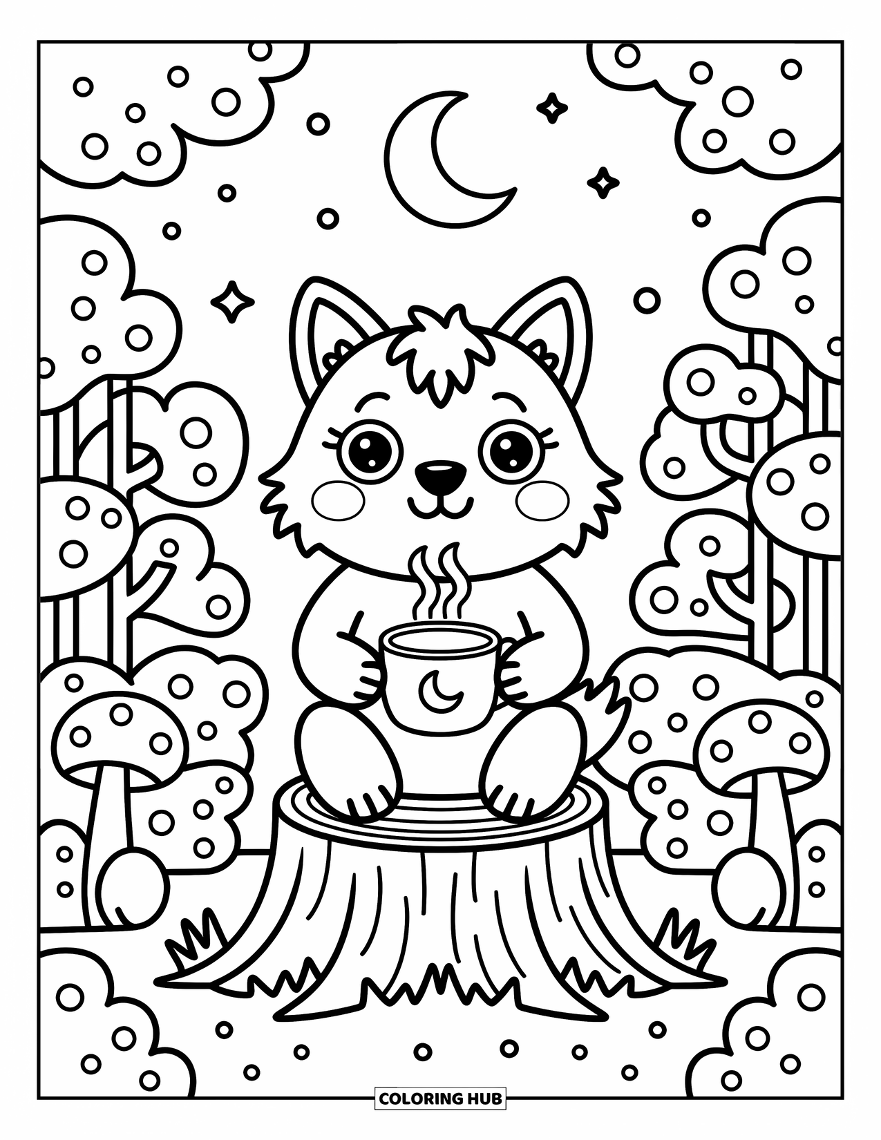 Werewolf Coloring Page for Adults: Cozy werewolf sits peacefully with a warm drink in a forest of soft trees