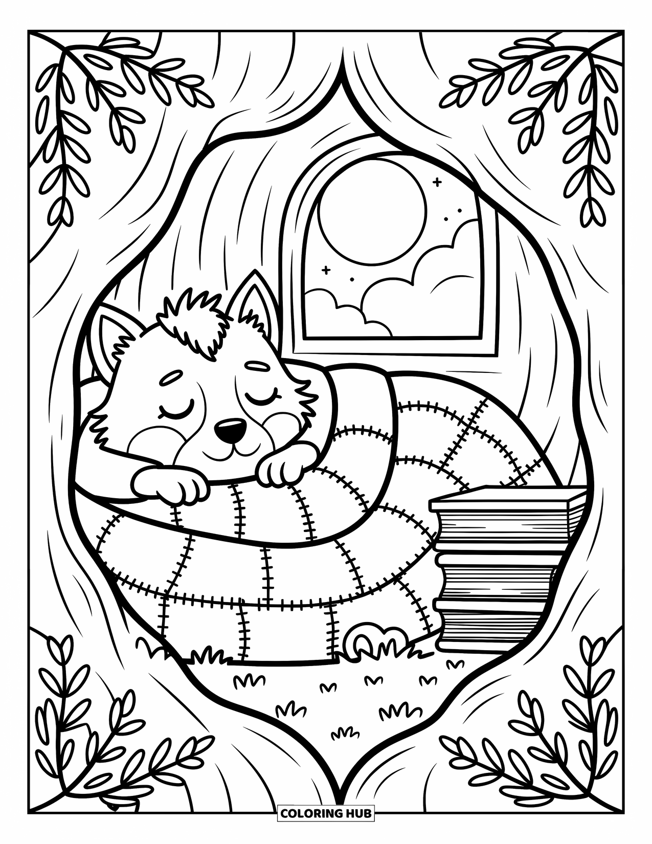 Werewolf Coloring Page for Adults: Cozy werewolf snuggles under a blanket in a tree den lit by moonlight