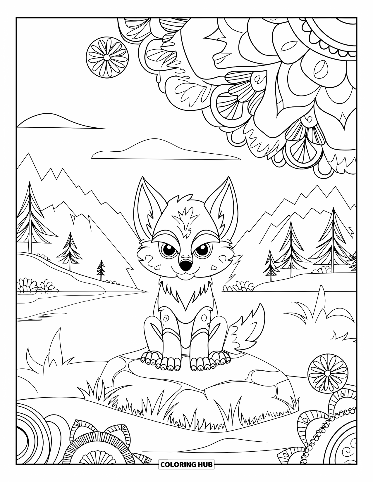 Werewolf Coloring Page for Adults: Cute werewolf rests in a floral mandala with a calm lake and trees behind
