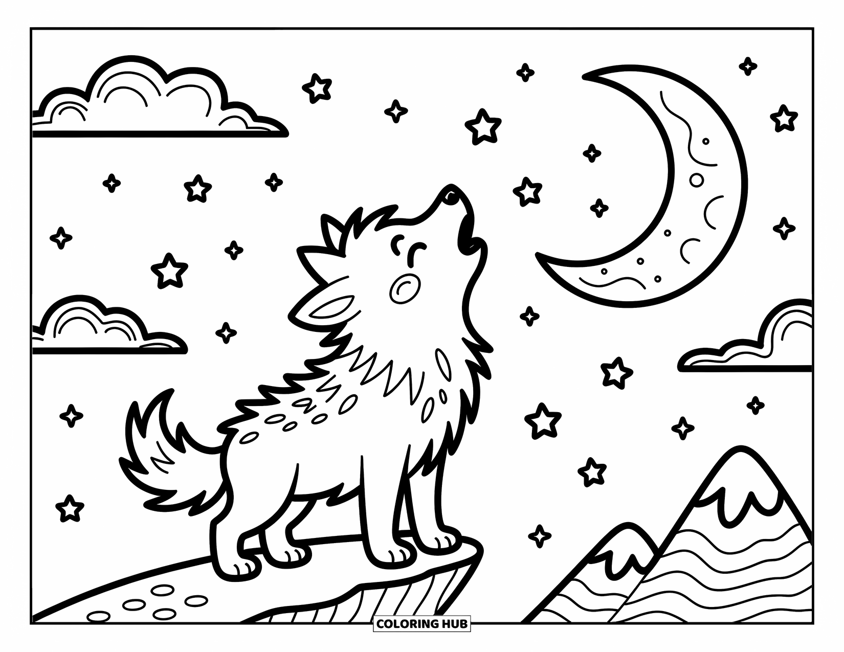 Werewolf Coloring Page for Adults: Cute werewolf stands on a crescent cliff howling at stars with mountains behind