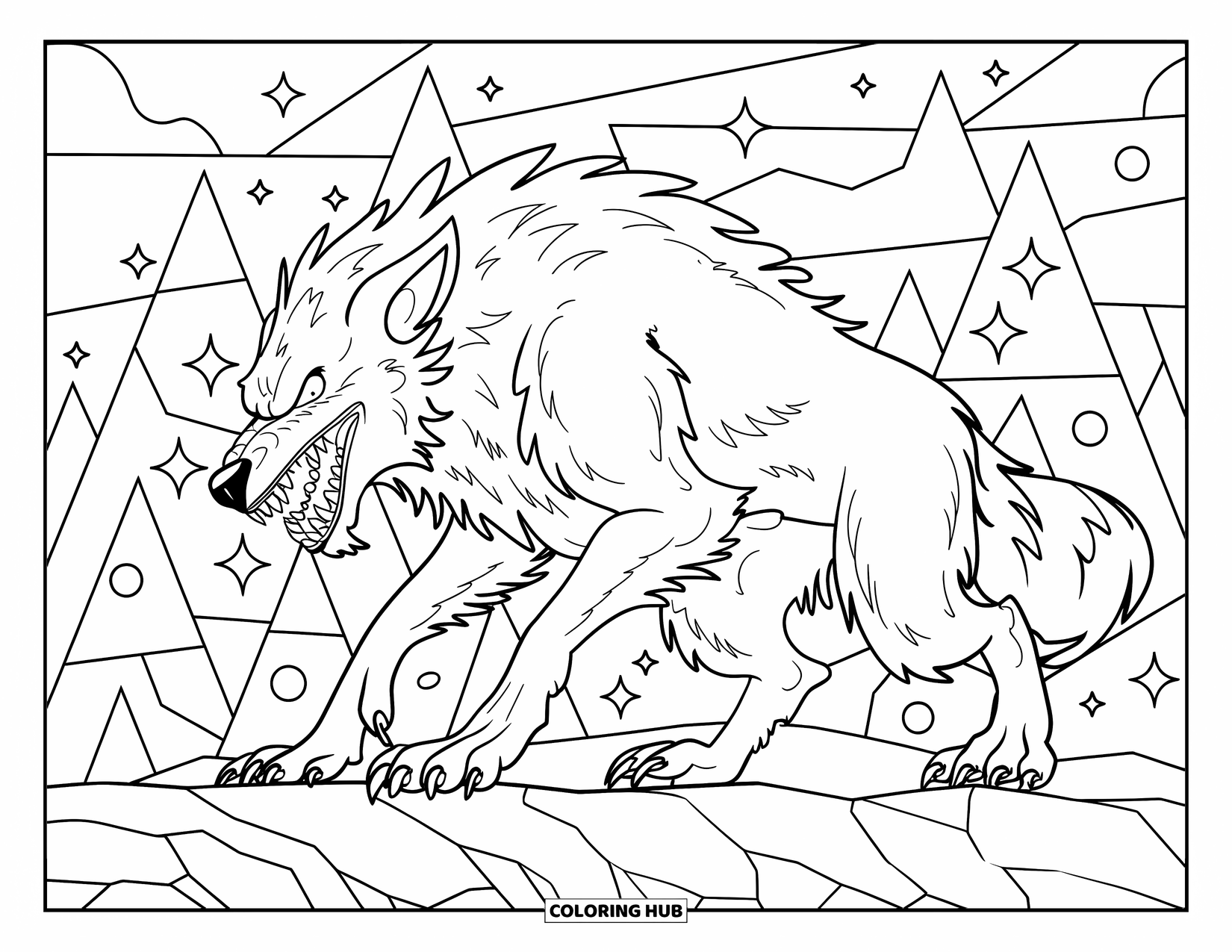 Werewolf Coloring Page for Adults: Fierce werewolf howls on rocks framed by stained glass and starry sky