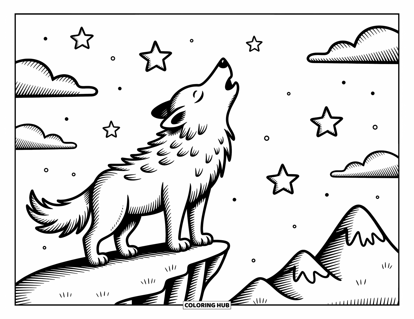 Werewolf Coloring Page for Adults: Fluffy werewolf howls playfully from a moon cliff under dreamy skies