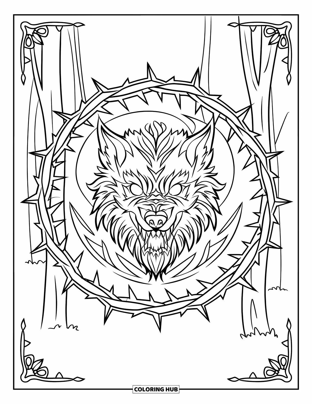 Werewolf Coloring Page for Adults: Glowing-eyed werewolf stands in a thorned moon mandala surrounded by forest