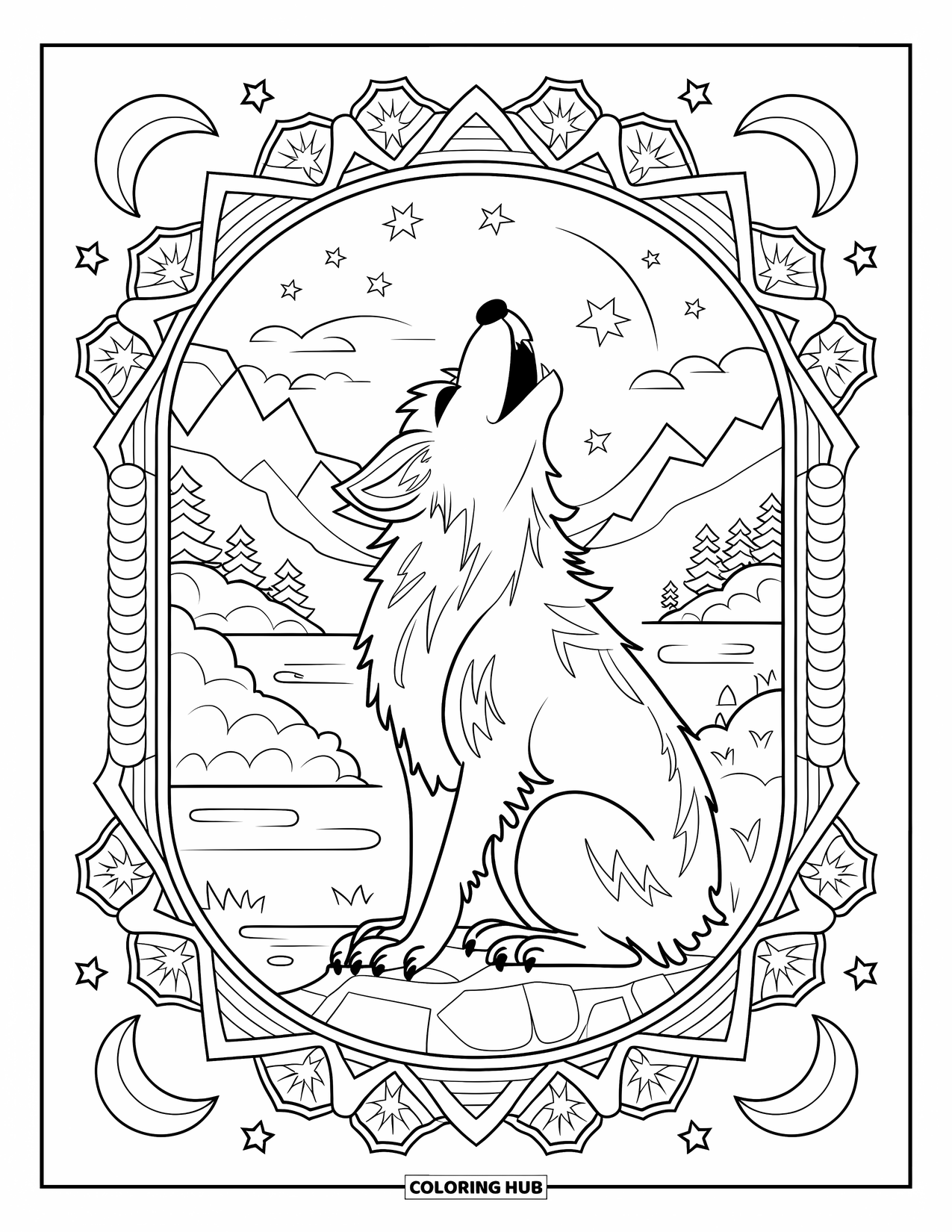 Werewolf Coloring Page for Adults: Happy werewolf howls at the sky while framed by moons and stars in a mandala