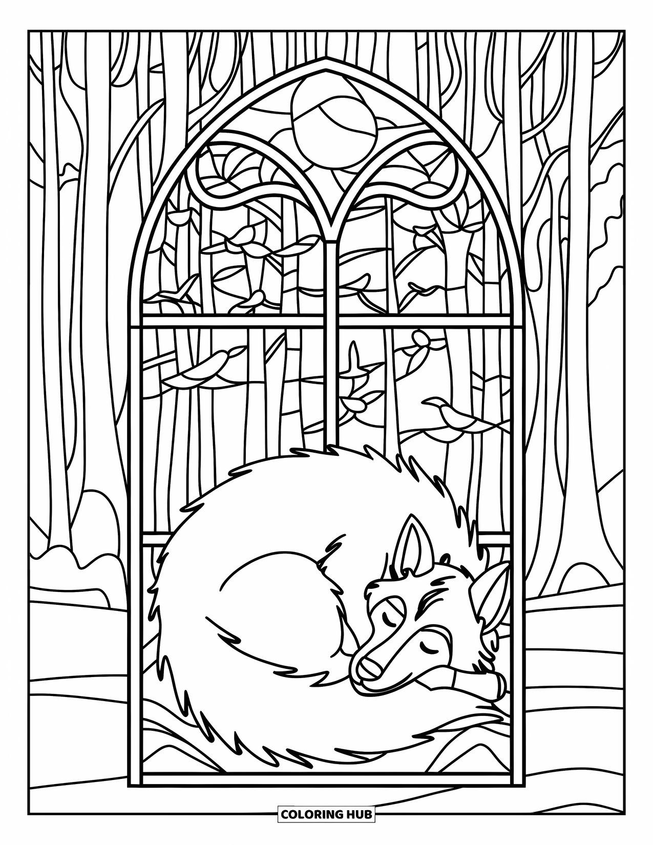 Werewolf Coloring Page for Adults: Happy werewolf sleeps beneath birds and trees inside a glassy forest design