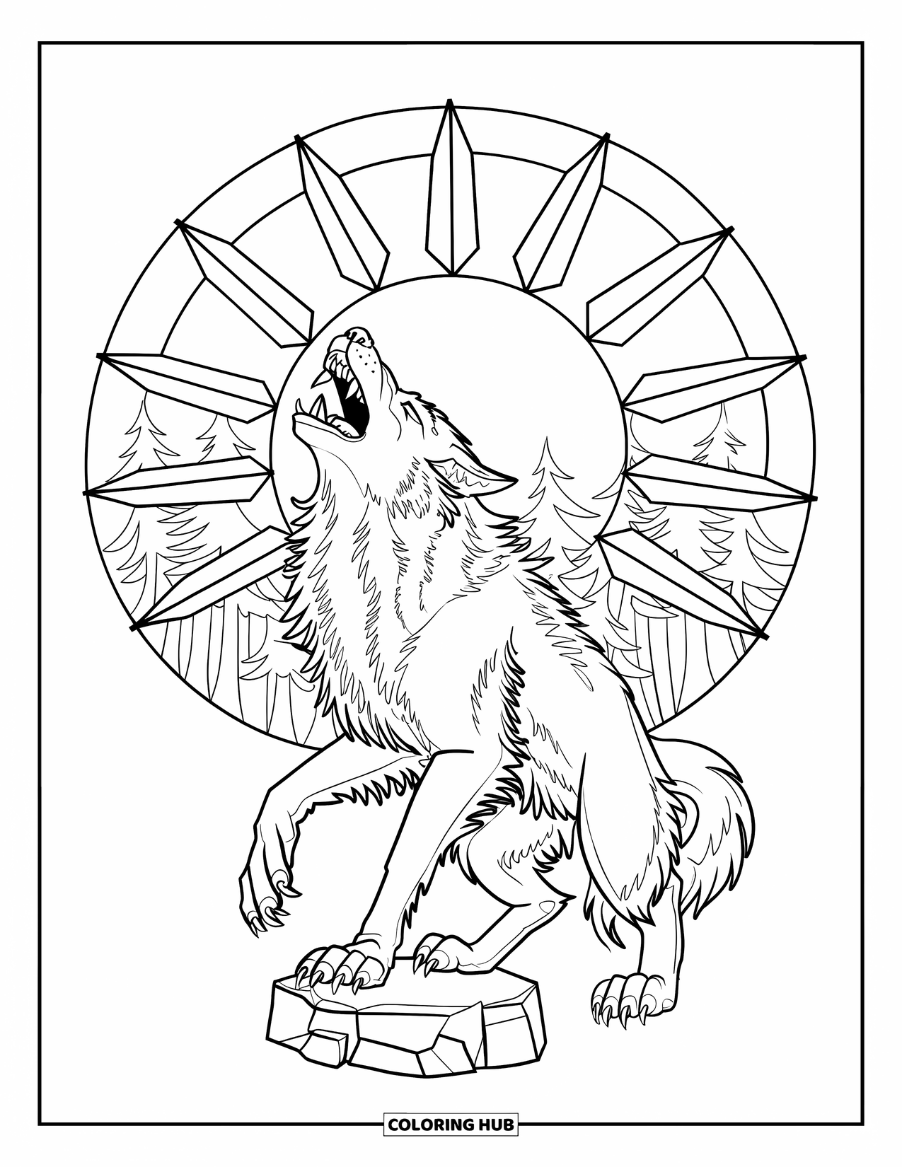 Werewolf Coloring Page for Adults: Howling werewolf stands in forest shadows with glassy moonlight behind