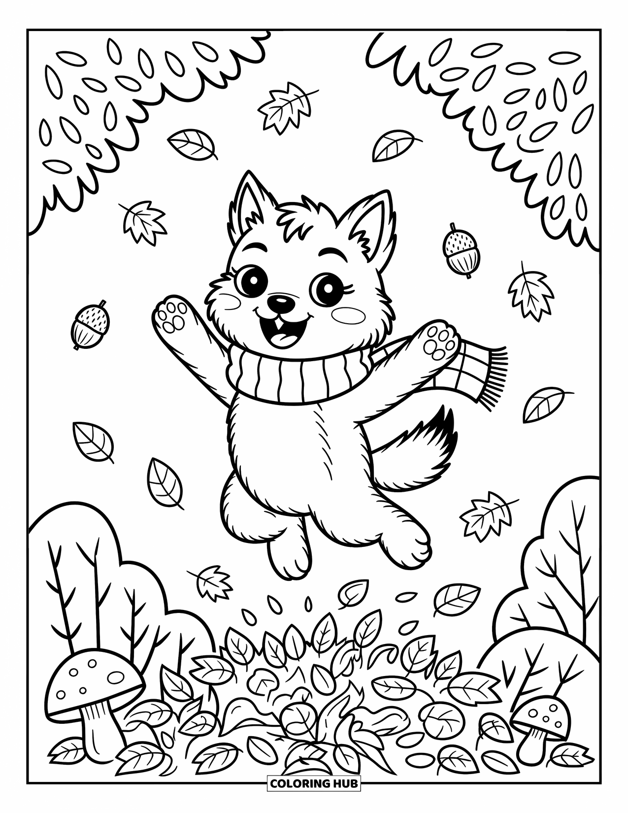 Werewolf Coloring Page for Adults: Joyful werewolf leaps in fall leaves with acorns, mushrooms, and warm breeze