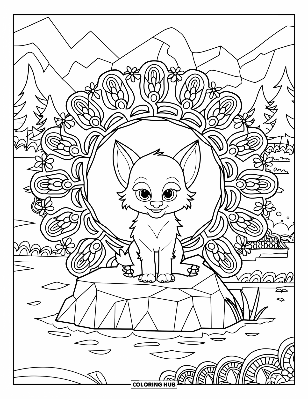 Werewolf Coloring Page for Adults: Little werewolf sits calmly in a floral mandala with peaceful nature views