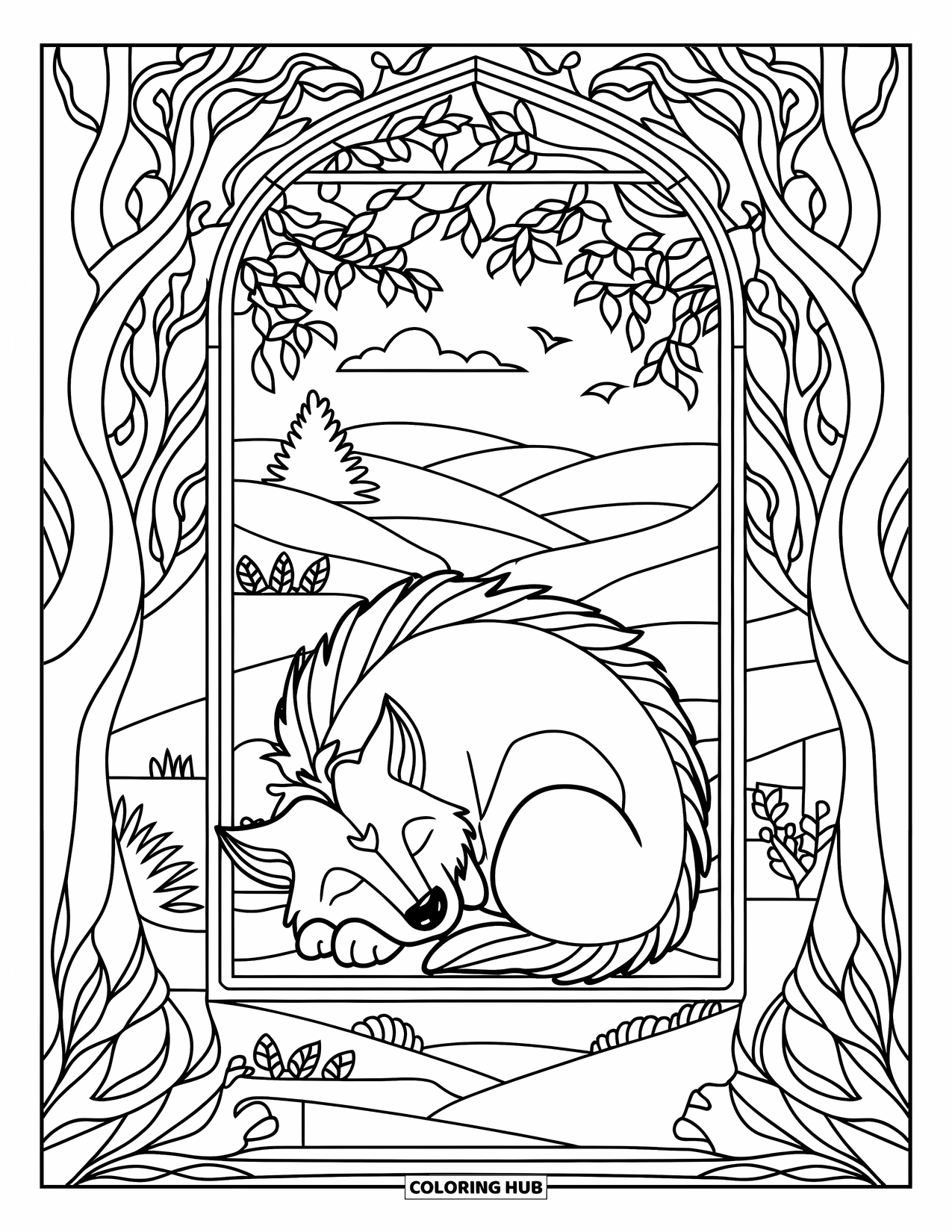 Werewolf Coloring Page for Adults: Napping werewolf curls inside a forest window with peaceful patterns and hills