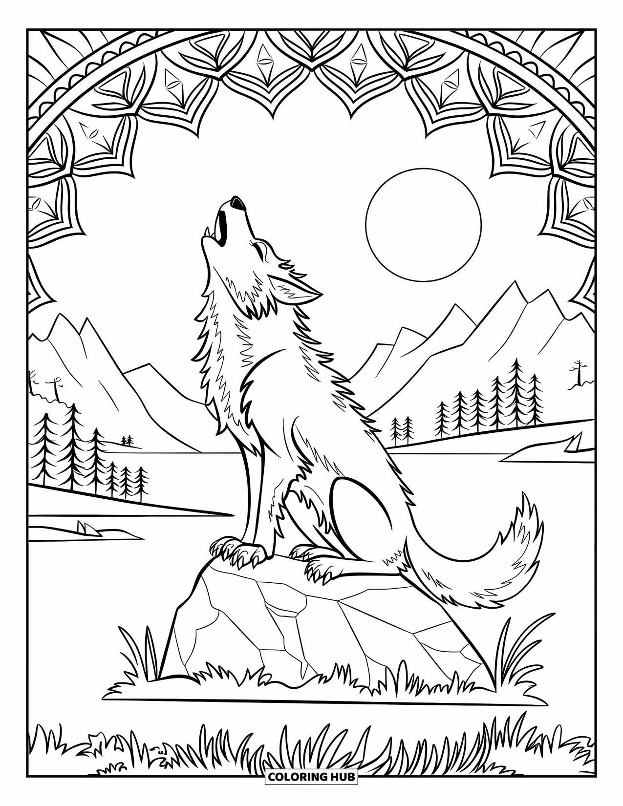 Werewolf Coloring Page for Adults: Playful werewolf howls at the moon from a rock, framed by a starry mandala