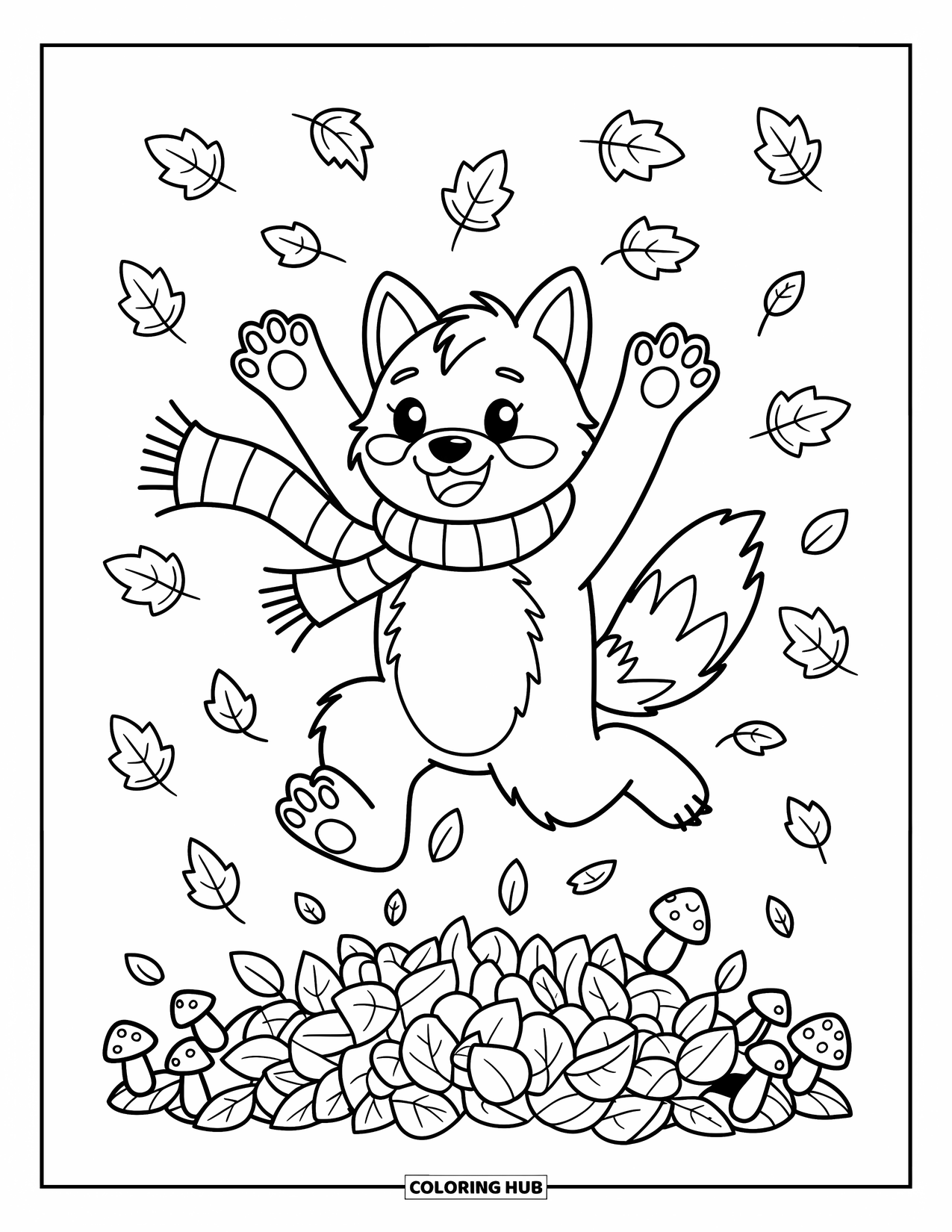 Werewolf Coloring Page for Adults: Playful werewolf in a scarf leaps through crunchy autumn leaves with paws raised