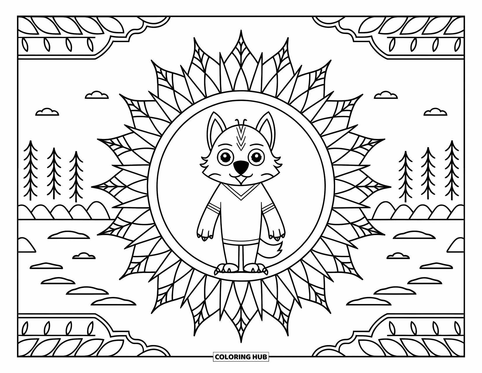 Werewolf Coloring Page for Adults: Pointy-eared werewolf stands in a sunny mandala with mountains and water in the background