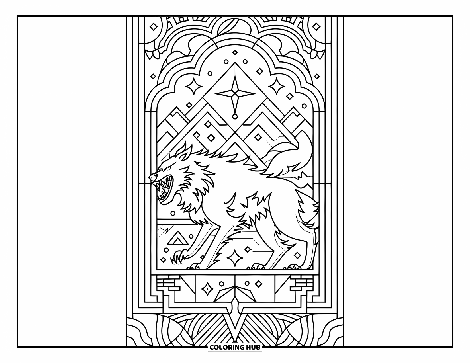 Werewolf Coloring Page for Adults: Savage werewolf roars beneath stained glass mountains, stars, and broken symbols