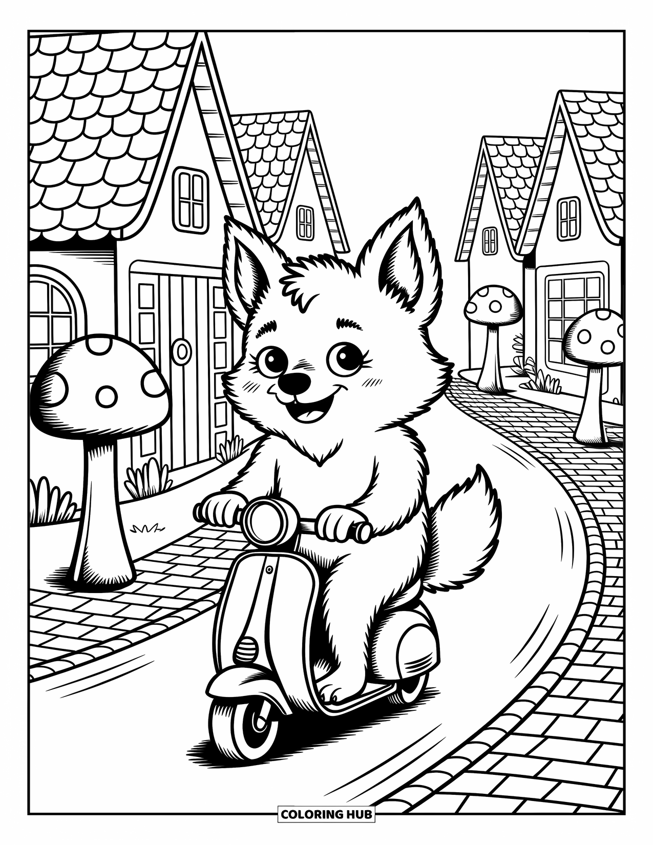 Werewolf Coloring Page for Adults: Scooter-riding werewolf smiles through a magical village at dusk with whimsical lights