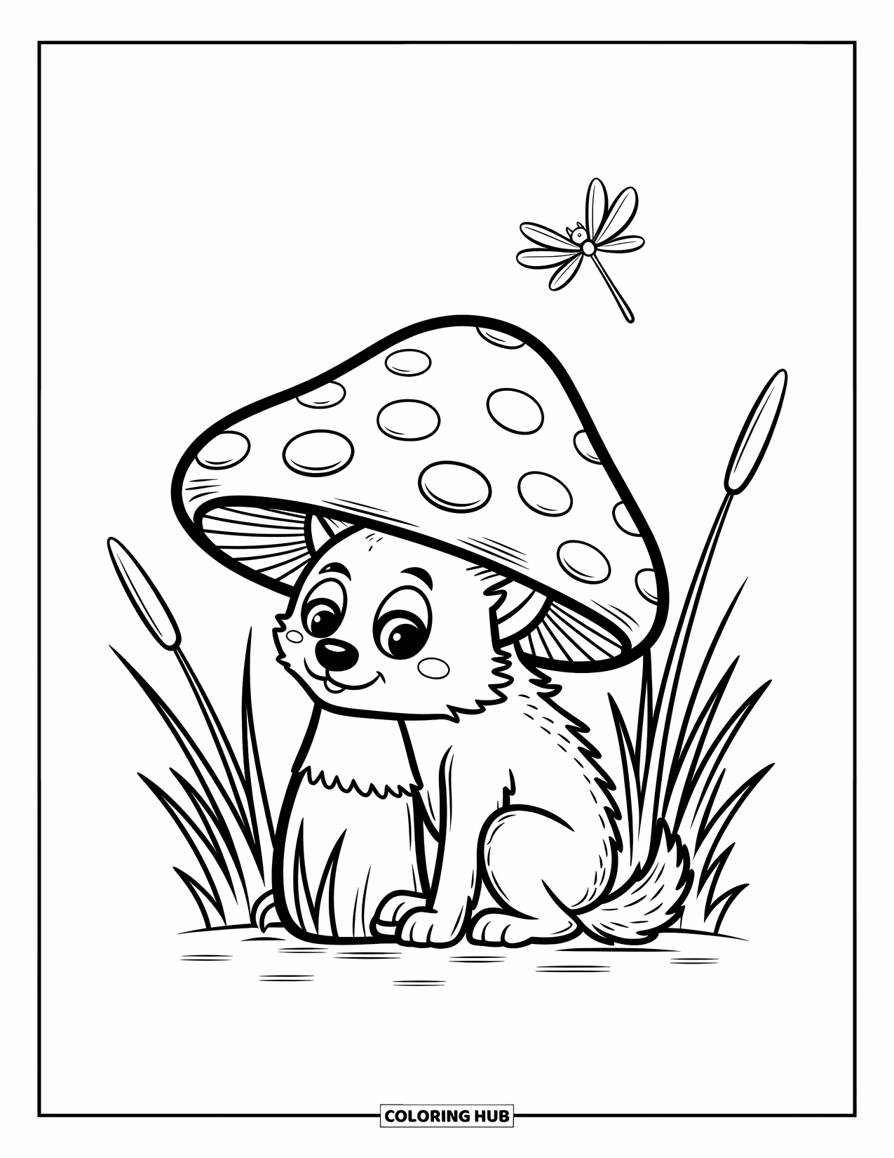 Werewolf Coloring Page for Adults: Shy werewolf peeks from behind a big toadstool with a glowing firefly