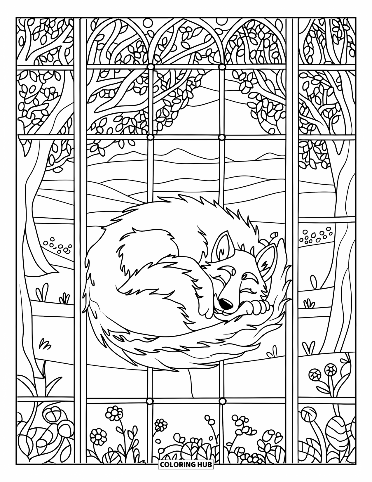 Werewolf Coloring Page for Adults: Smiling werewolf sleeps in a stained glass forest of flowers, trees, and animals