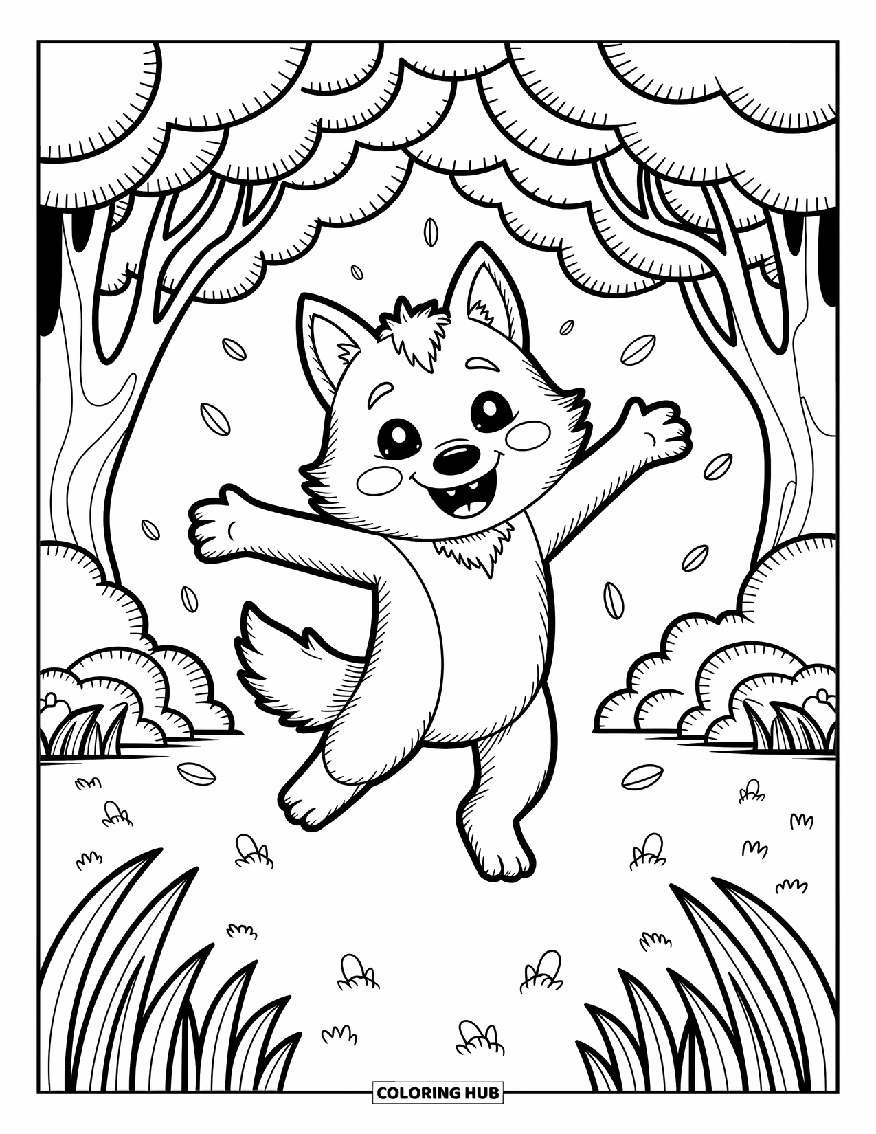 Werewolf Coloring Page for Adults: Spinning werewolf dances under the trees with floating petals all around