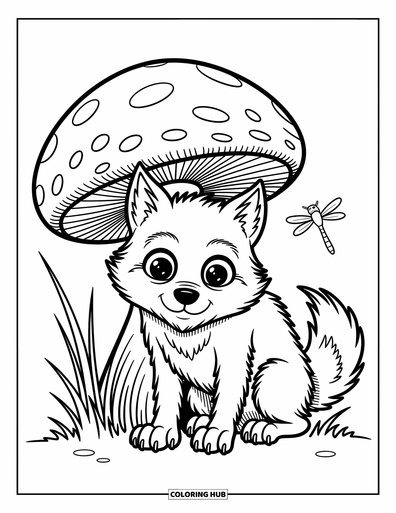 Werewolf Coloring Page for Adults: Sweet werewolf hides in the woods behind a mushroom with soft grass and stars