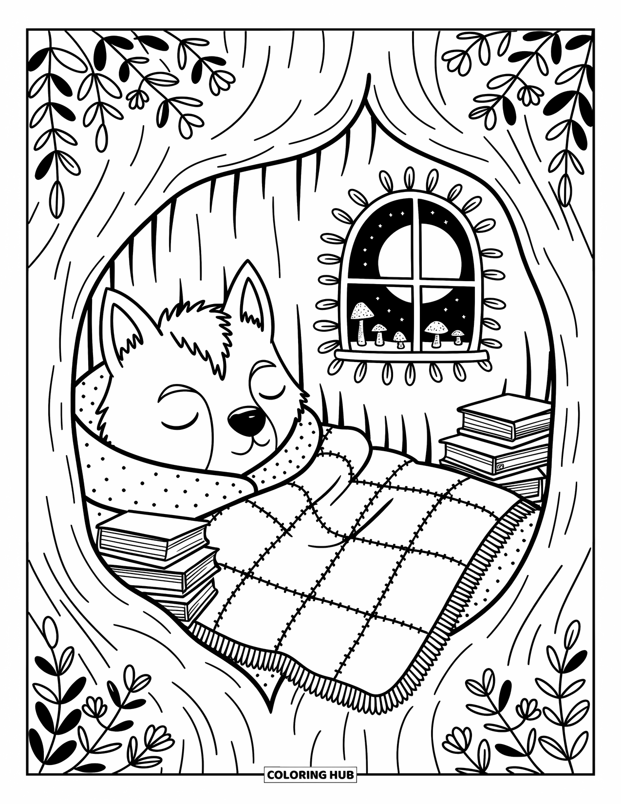 Werewolf Coloring Page for Adults: Tucked-in werewolf relaxes with books and a warm blanket under a full moon