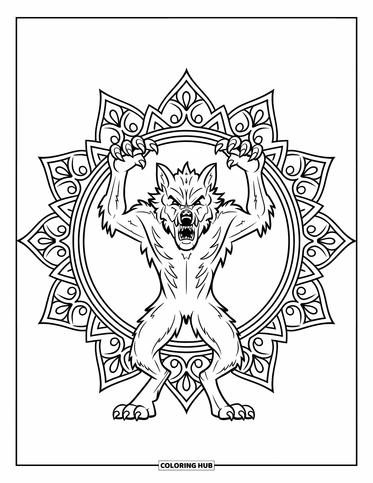 Werewolf Coloring Page for Adults: Werewolf raises its arms inside a gothic mandala with intricate patterns